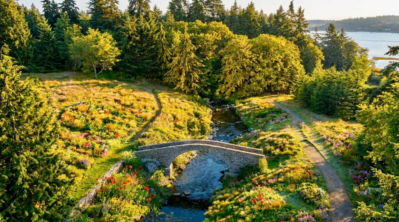 Garden and stone bridge, concept rendering