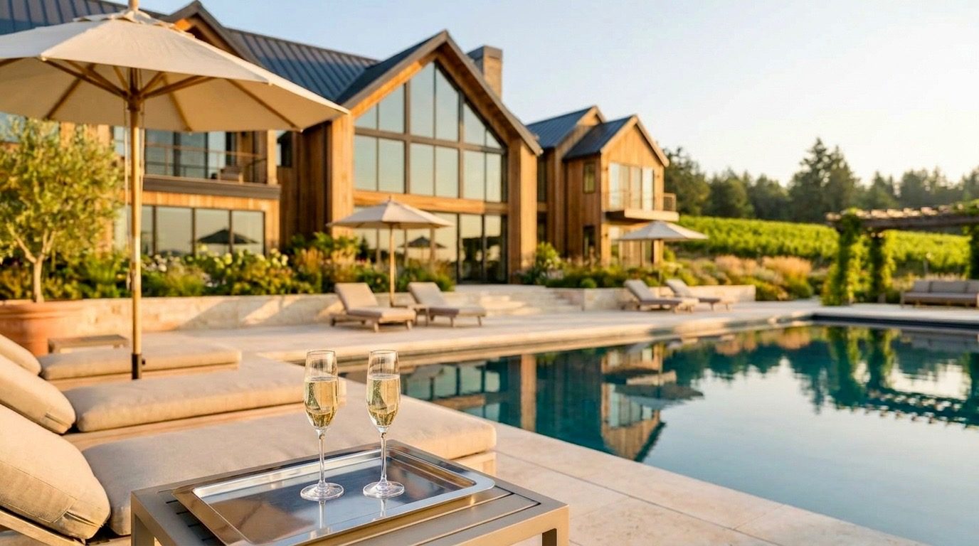 Pool terrace at dusk, concept rendering
