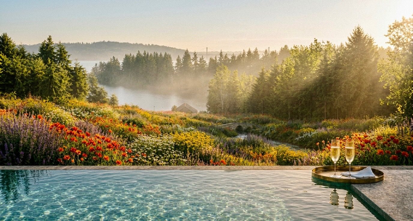 Pool terrace at sunrise, concept rendering