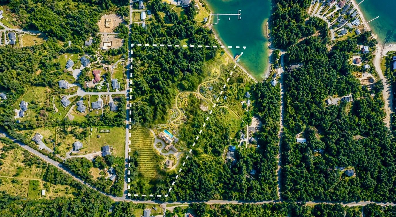 Aerial survey with proposed parcel boundary and site layout, concept rendering